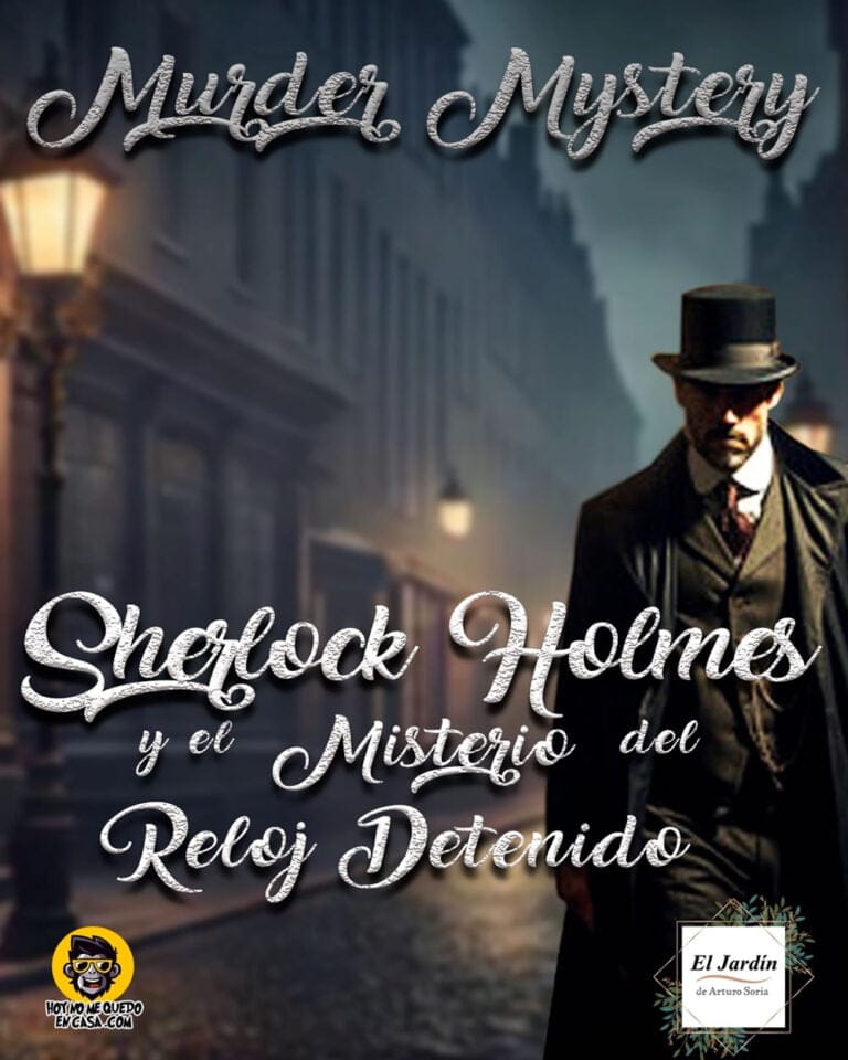 El Misterio del Reloj Detenido Cena y Cluedo en vivo en el Jardin de Arturo Soria 768x960